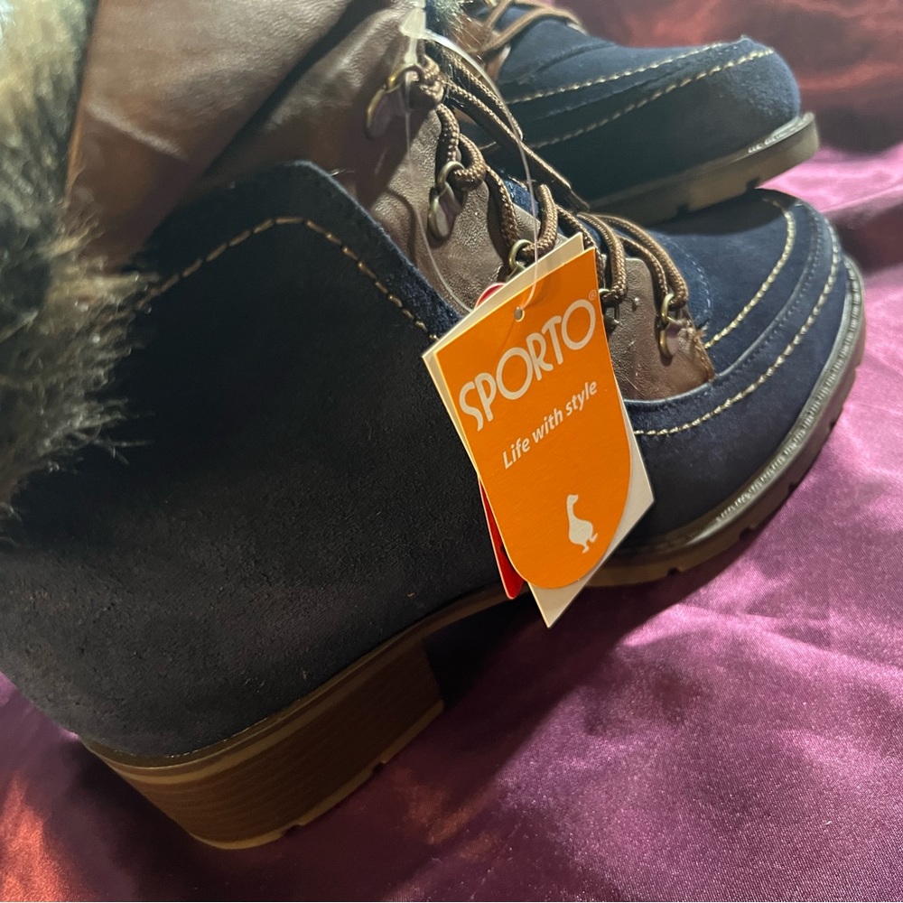 Sporto HOLLY Winter Boots - Women's Size 8W - Blue Suede Faux Fur Trim